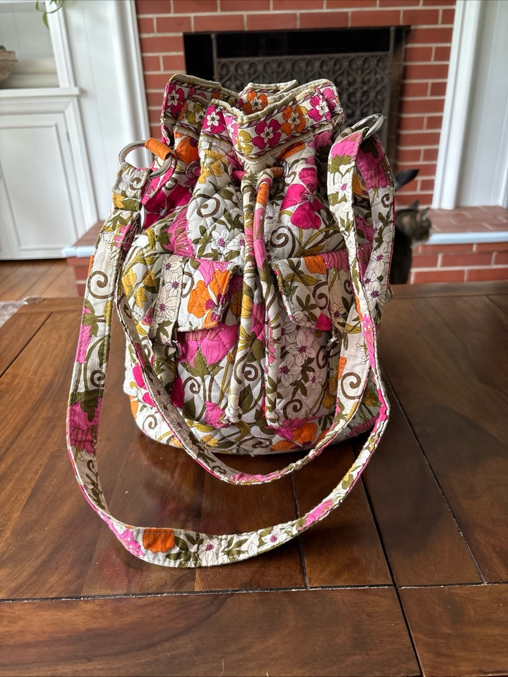 Vera Bradley Quilted Floral Drawstring Bucket Bag - Pink & Orange 13x11” vintage